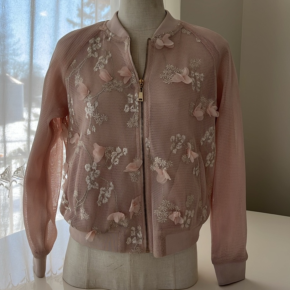 Forever 21 mesh floral accented bomber jacket size am